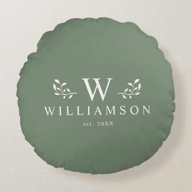 Modern Rustic Monogram Custom Family Name Sage Round Pillow (Front)