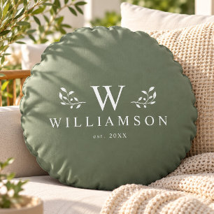 Modern Rustic Monogram Custom Family Name Sage Round Pillow