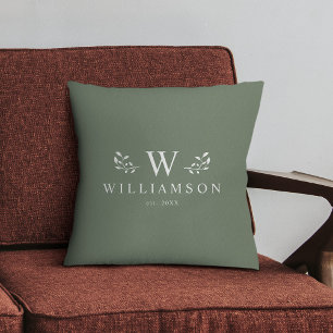 Modern Rustic Monogram Custom Family Name Sage Throw Pillow