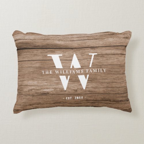 Modern Rustic Monogram Family Name Vintage Wood Accent Pillow