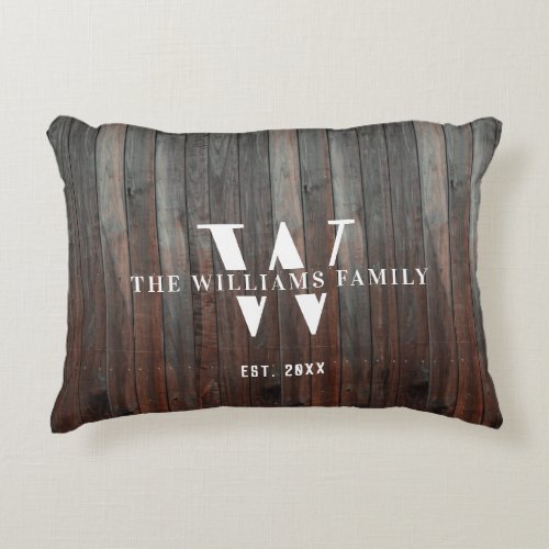 Modern Rustic Monogram Family Name Vintage Wood Accent Pillow