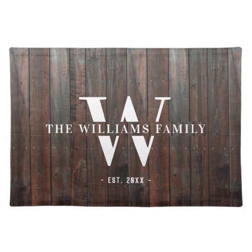 Modern Rustic Monogram Family Name Vintage Wood Cloth Placemat