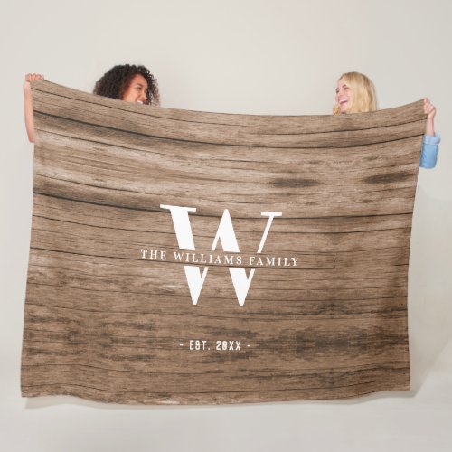 Modern Rustic Monogram Family Name Vintage Wood Fleece Blanket