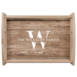 Modern Rustic Monogram Family Name Vintage Wood Serving Tray