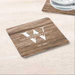 Modern Rustic Monogram Family Name Vintage Wood Square Paper Coaster<br><div class="desc">This modern, rustic paper coaster features your family monogram and name over a printed medium brown wood backdrop in a retro vintage typography design. Customize with your family name and initial and make this your own unique keepsake for the farmhouse style lake house, family cottage, or country cabin - or...</div>