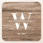 Modern Rustic Monogram Family Name Vintage Wood Square Paper Coaster (Front)