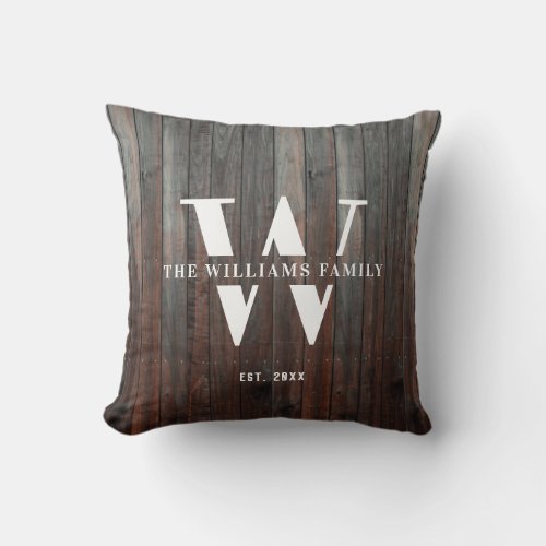 Modern Rustic Monogram Family Name Vintage Wood Throw Pillow