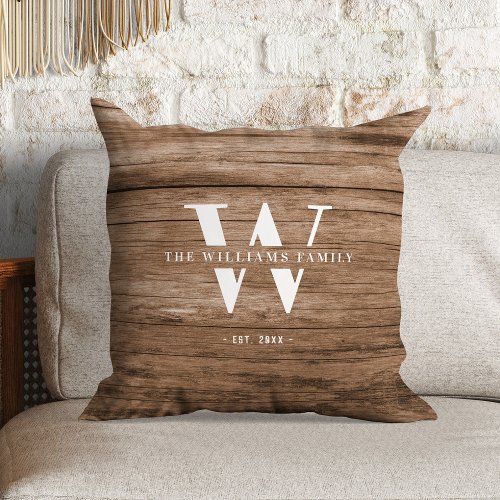 Modern Rustic Monogram Family Name Vintage Wood Throw Pillow