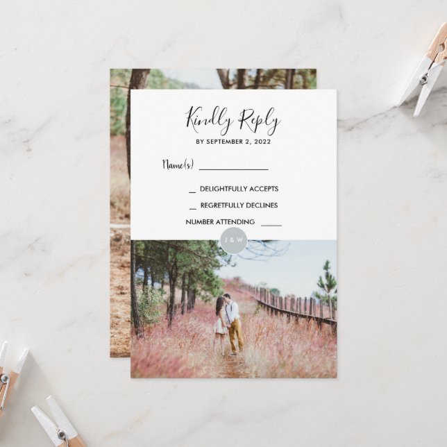 Modern rustic monogram photo RSVP Wedding card (Front/Back In Situ)