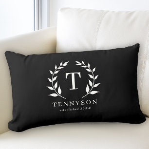 Modern Rustic Monogram Wreath Family Name Black Lumbar Pillow