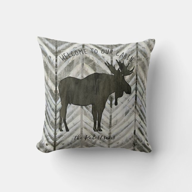 Modern Rustic Moose Lodge Cabin Herringbone Family Throw Pillow (Front)