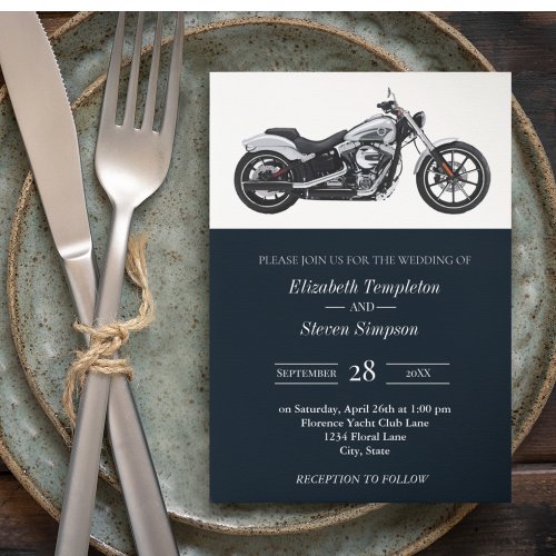 Modern Rustic Motorcycle Navy Classic Wedding Invitation