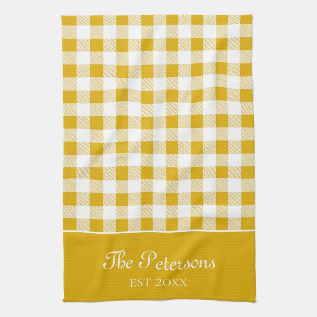 Modern Rustic Mustard Yellow Gingham Family Name Kitchen Towel (Vertical)