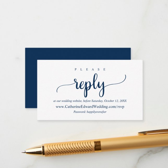 Modern Rustic, Navy Blue, Online RSVP website Enclosure Card (Front/Back In Situ)