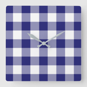 Modern Rustic Navy Blue Plaid Pattern Square Wall Clock