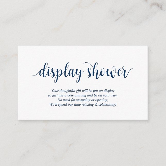 Modern Rustic, Navy Blue Script, Display Shower Enclosure Card (Front)