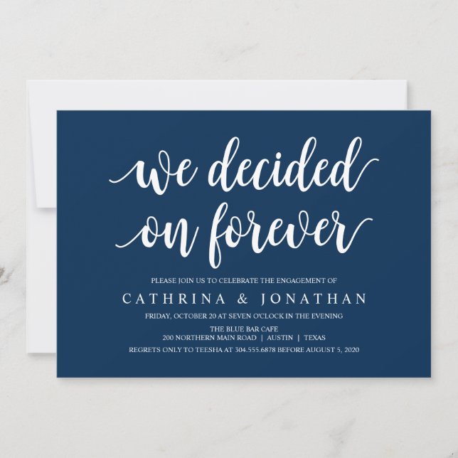 Modern Rustic, Navy Blue script, Engagement Party Invitation (Front)