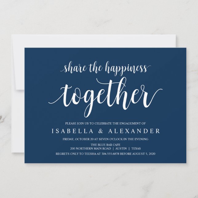 Modern Rustic, Navy Blue script, Engagement Party Invitation (Front)