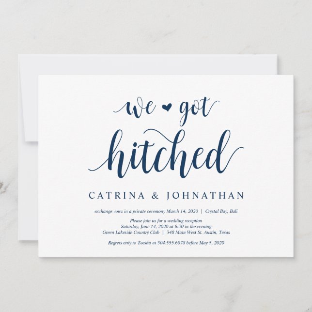Modern Rustic, Navy Blue script, Wedding Elopement Invitation (Front)
