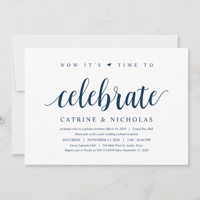 Modern Rustic, Navy Blue Script, Wedding Elopement Invitation (Front)