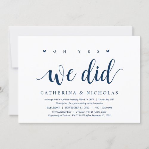 Modern Rustic Navy Blue Script Wedding Elopement Invitation