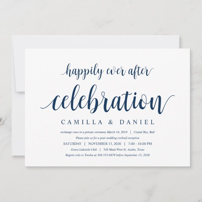 Modern Rustic, Navy Blue Script, Wedding Elopement Invitation (Front)