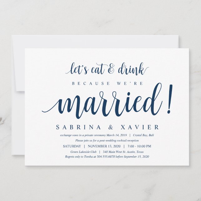 Modern Rustic, Navy Blue Script, Wedding Elopement Invitation (Front)