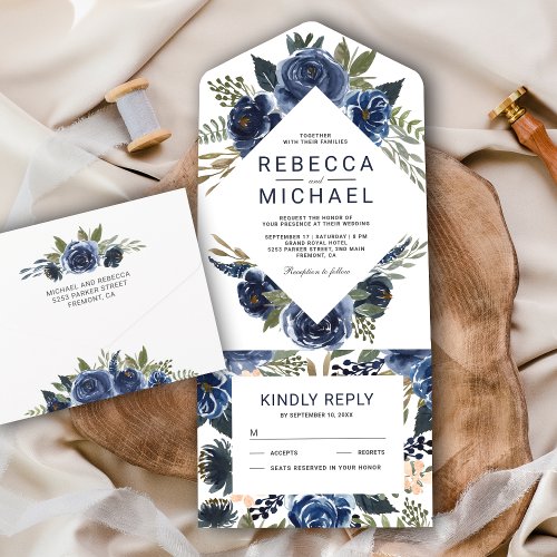 Modern Rustic Navy Blue Watercolor Floral Wedding All In One Invitation