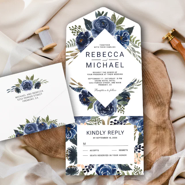 Modern Rustic Navy Blue Watercolor Floral Wedding All In One Invitation ...
