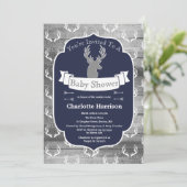 Modern Rustic Navy Deer & Gray Wood Baby Shower Invitation (Standing Front)