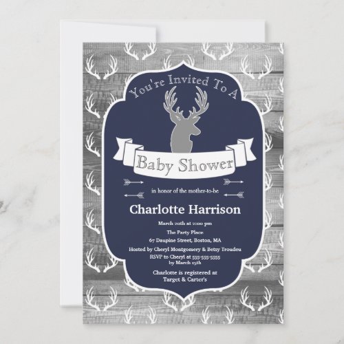 Modern Rustic Navy Deer  Gray Wood Baby Shower Invitation
