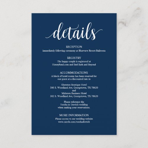 Modern Rustic Navy Wedding Details Enclosure Card