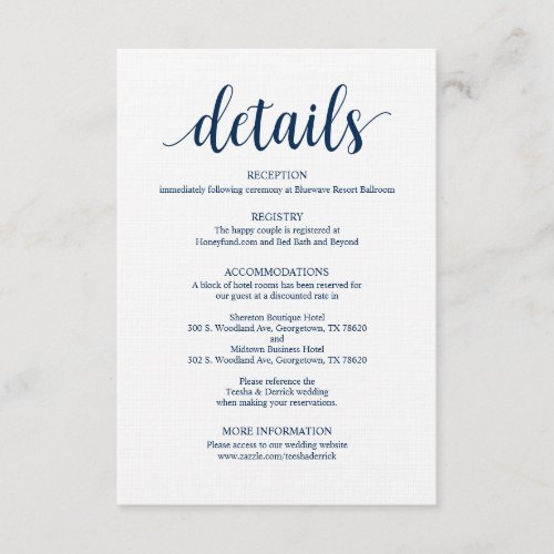 Modern Rustic Navy Wedding Details Enclosure Card