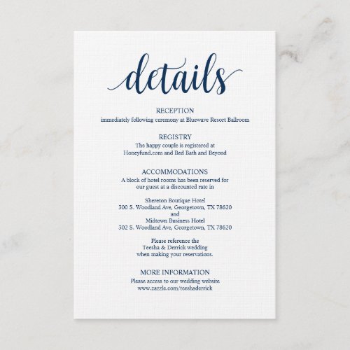 Modern Rustic Navy Wedding Details Enclosure Card