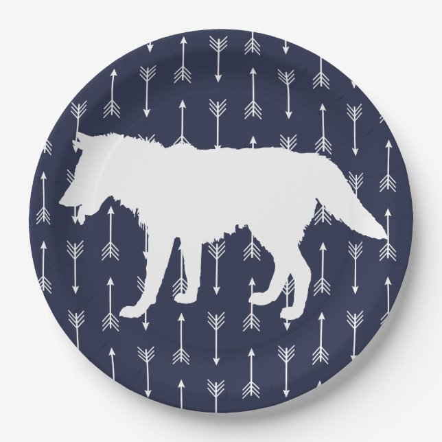 Modern Rustic Navy & White Wolf Arrows Paper Plates (Front)