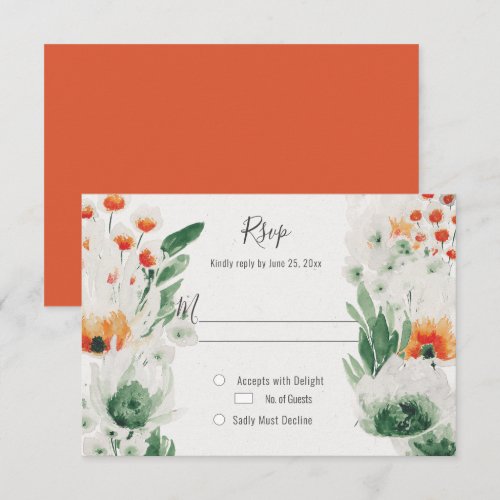 Modern Rustic Orange Green Watercolor Floral RSVP Card