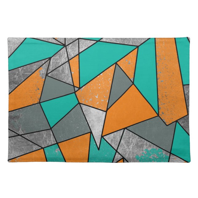 Modern Rustic Orange Teal Gray Silver Geometric Cloth Placemat (Front)