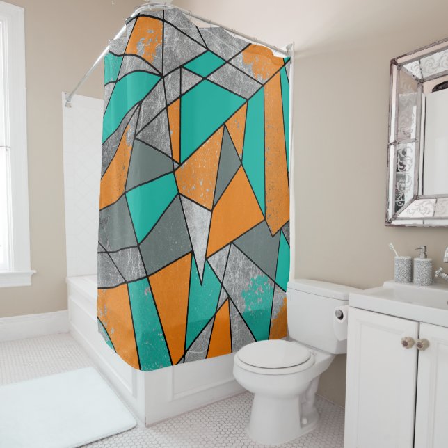 Modern Rustic Orange Teal Gray Silver Geometric Shower Curtain (In Situ)