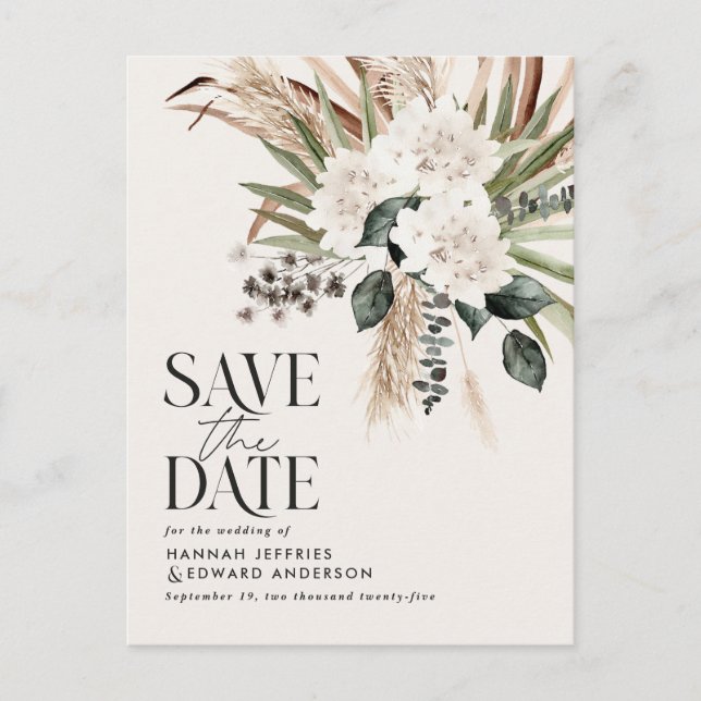 Modern rustic pampas eucalyptus botanical elegant  announcement postcard (Front)