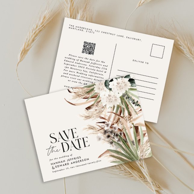 Modern rustic pampas eucalyptus botanical QR code Announcement Postcard (Creator Uploaded)