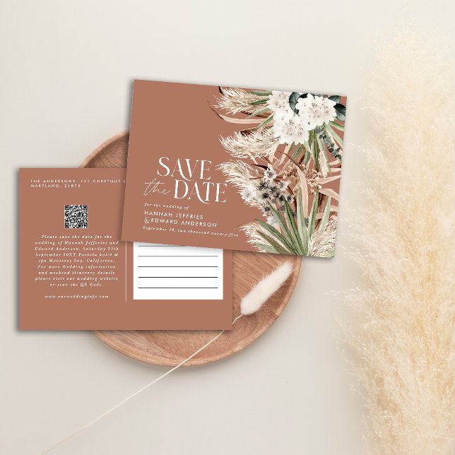 Modern rustic pampas eucalyptus botanical QR code Announcement Postcard (Creator Uploaded)