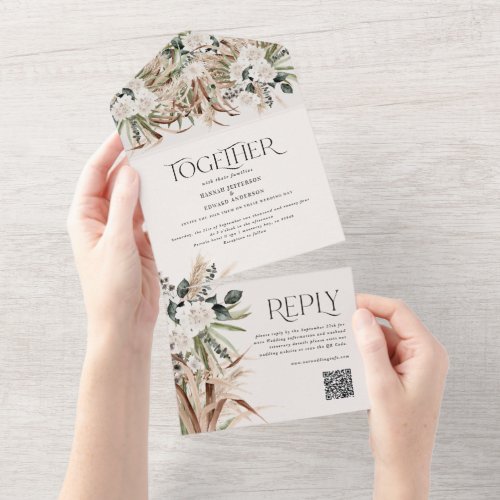 modern rustic pampas eucalyptus wedding QR code Al All In One Invitation