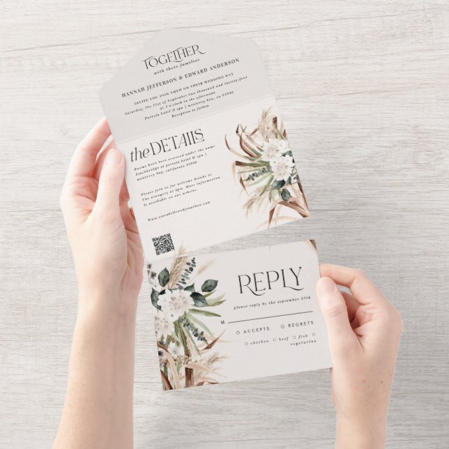 modern rustic pampas eucalyptus wedding QR code All In One Invitation (Tearaway)