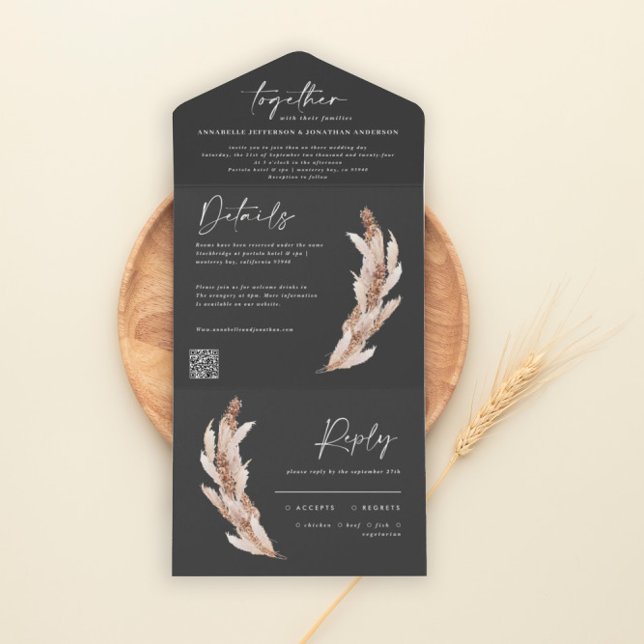 Modern rustic pampas eucalyptus wedding QR code All In One Invitation (Creator Uploaded)