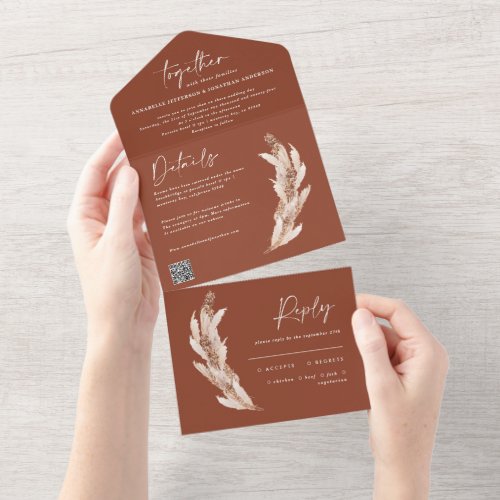 Modern rustic pampas terracotta wedding QR code All In One Invitation