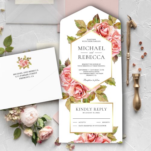 Modern Rustic Peach Roses Botanical Garden Wedding All In One Invitation
