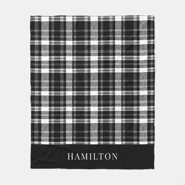 Modern Rustic Personalized Black and White Plaid Fleece Blanket (Front)