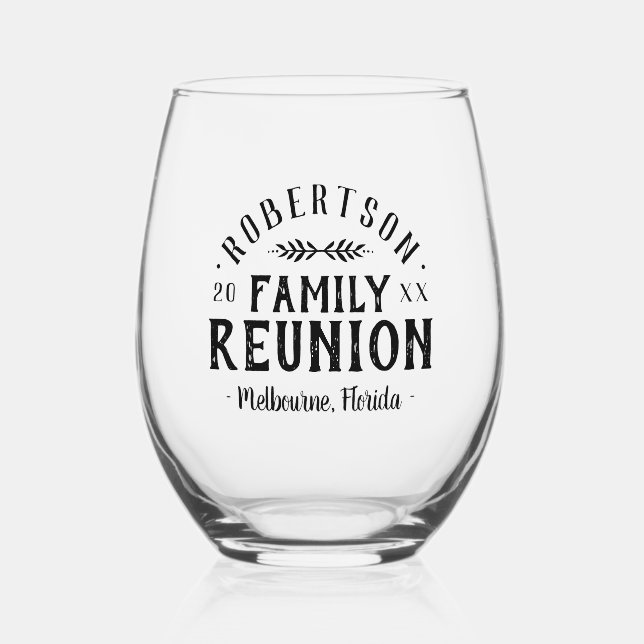 Modern Rustic Personalized Family Reunion Stemless Wine Glass (Front)