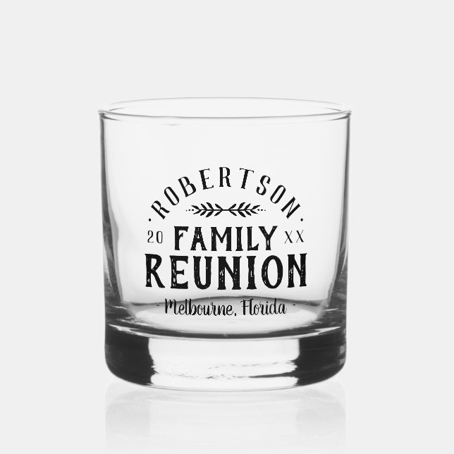 Modern Rustic Personalized Family Reunion Whiskey Glass (Front)