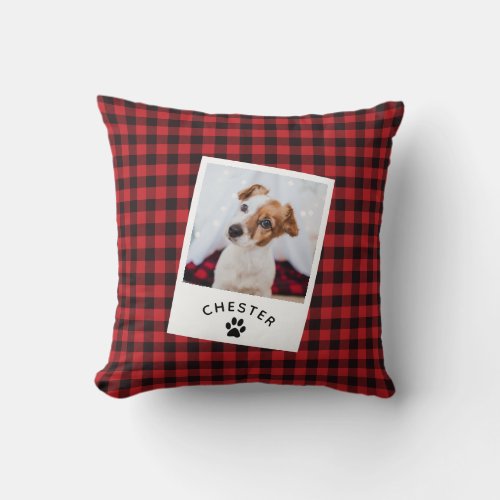 Modern Rustic Pet Photo Red Plaid Dog Mom Cat Throw Pillow